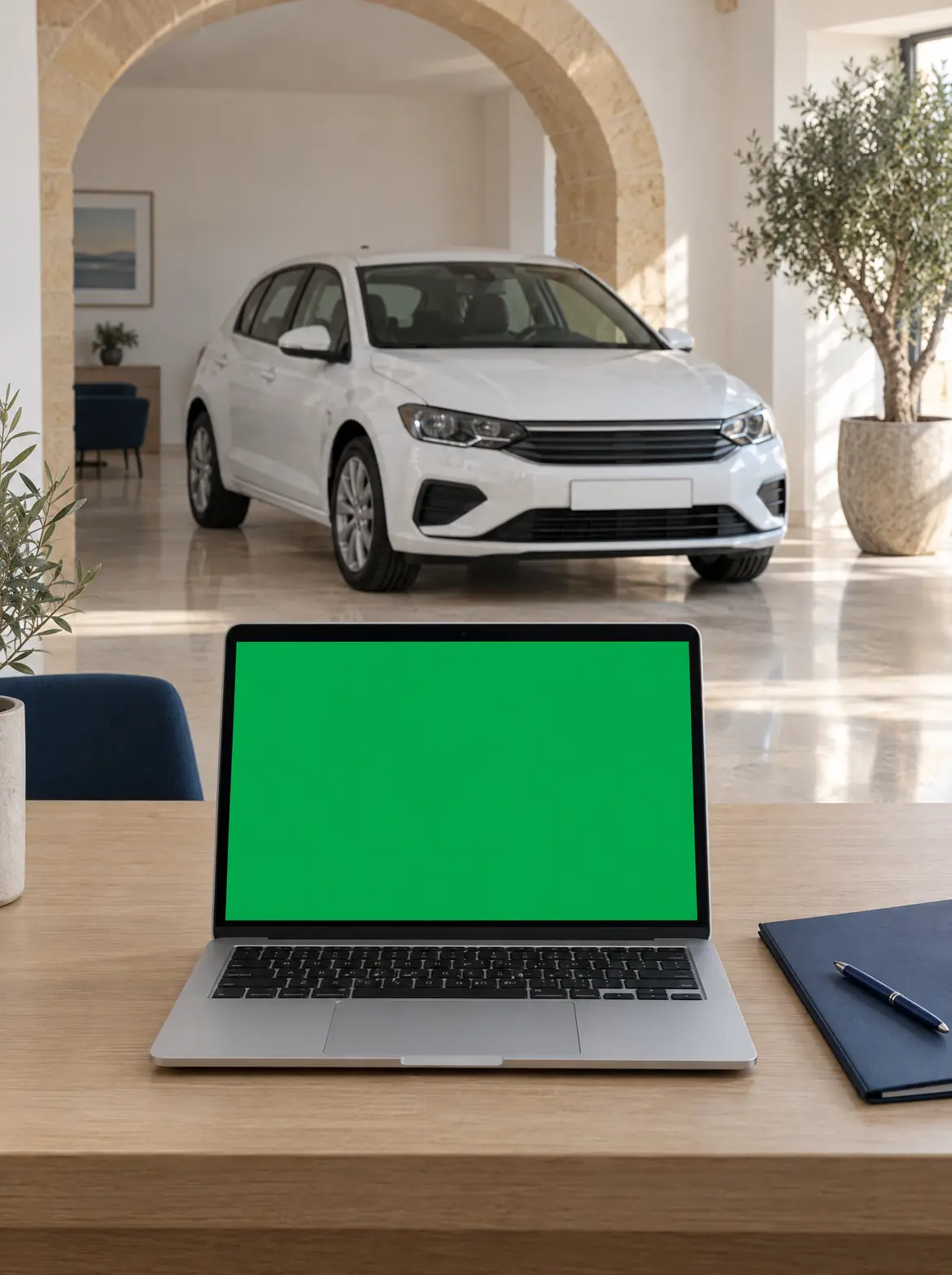 A showroom sales desk with a laptop showing the DealerPro dashboard