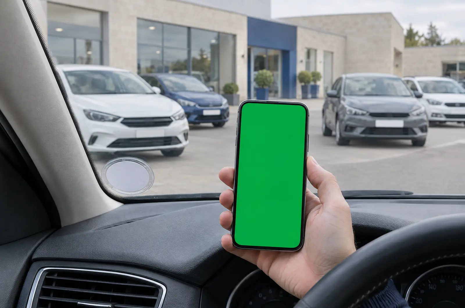 A phone in a parked car showing licence and insurance renewals per vehicle
